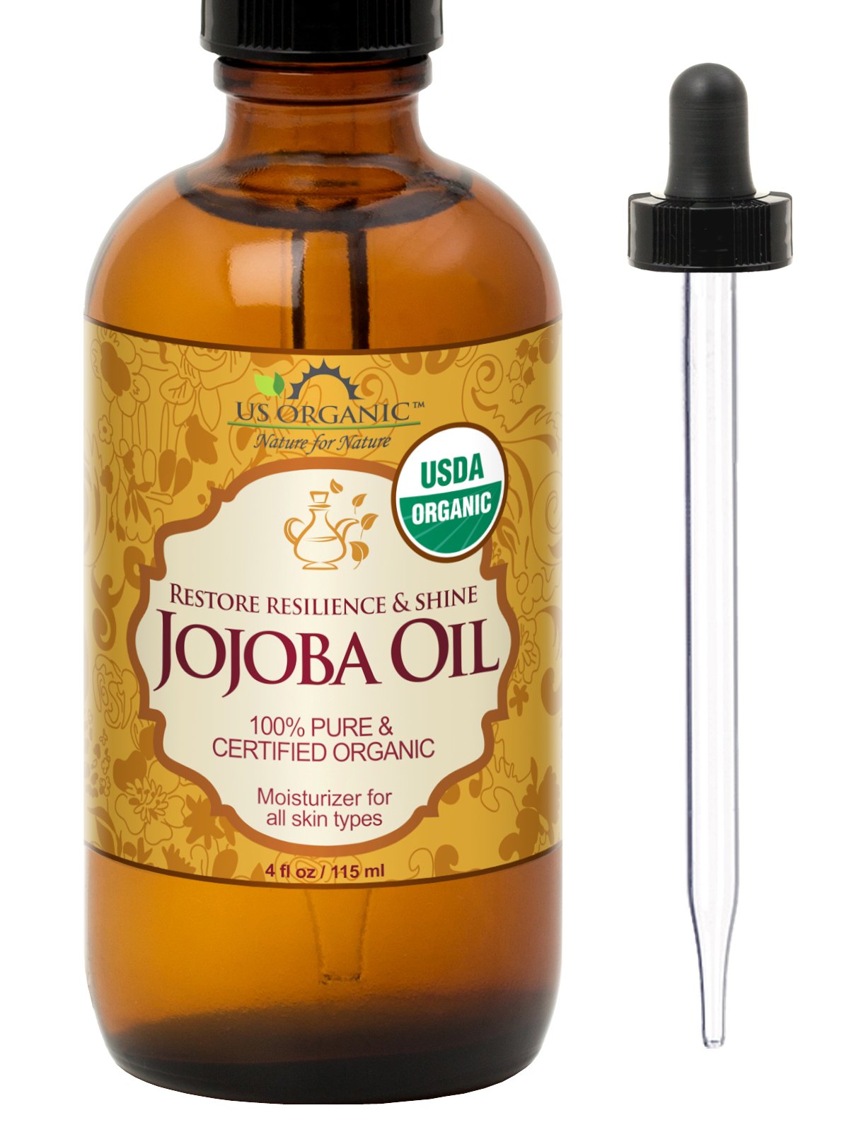 US Organic Jojoba Oil bottle front displaying pure organic formula for skincare.