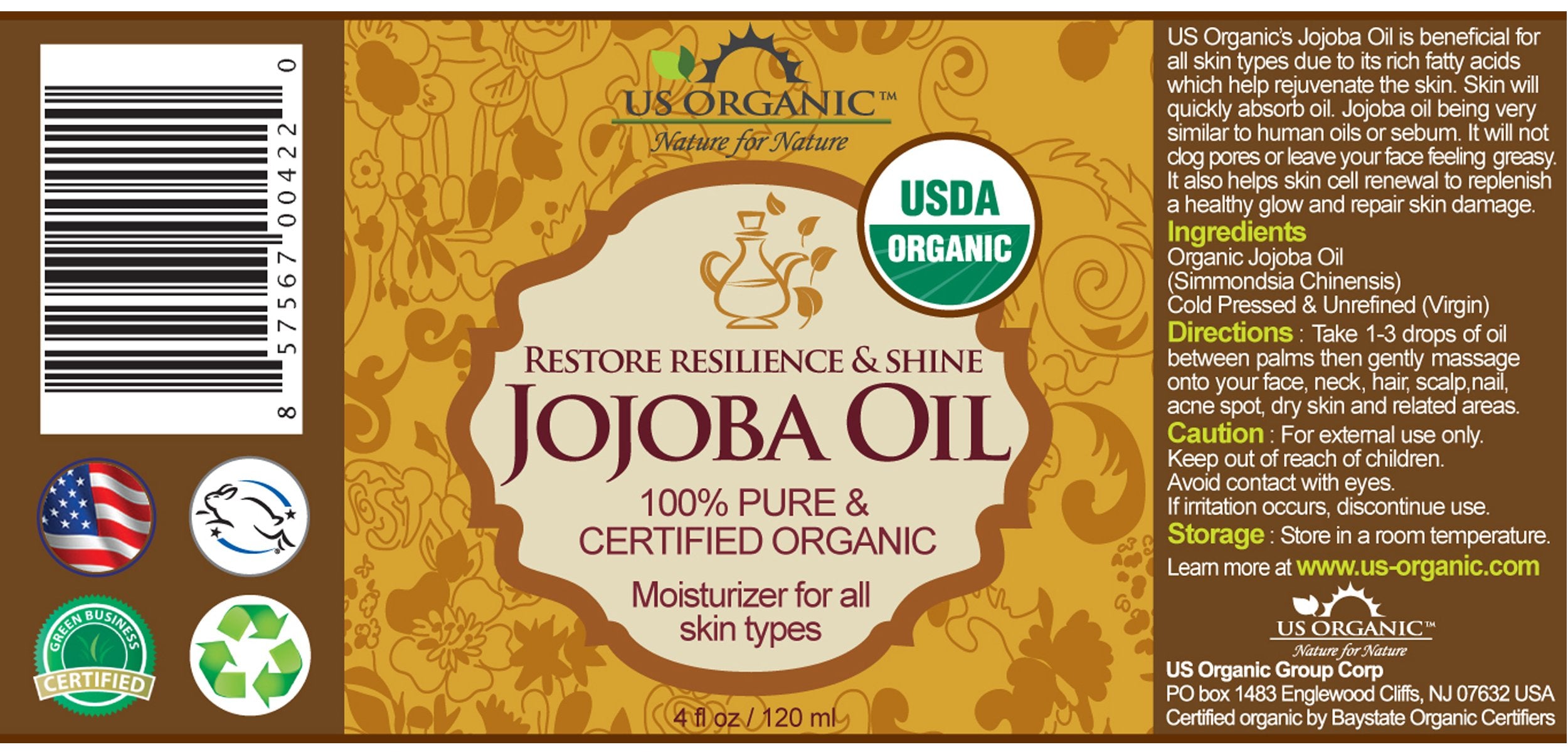 US Organic Jojoba Oil USDA Organic label highlights purity and ethical sourcing.