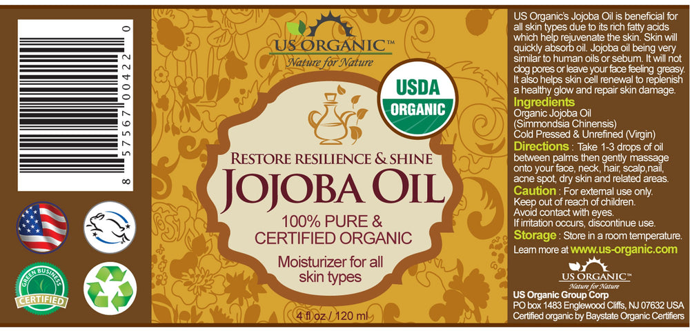 US Organic Jojoba Oil USDA Organic label highlights purity and ethical sourcing.