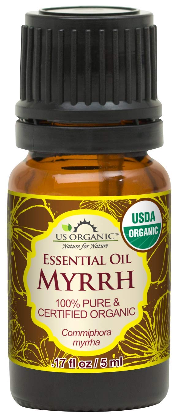 US Organic Myrrh essential oil bottle with woody-spicy scent, ideal for aromatherapy blends