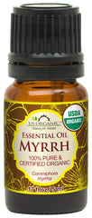 US Organic Myrrh essential oil bottle with woody-spicy scent, ideal for aromatherapy blends