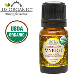 US Organic Myrrh essential oil bottle highlights base-note role in blends