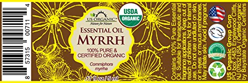 US Organic Myrrh oil bottle ideal for skin hydration and gentle massage.