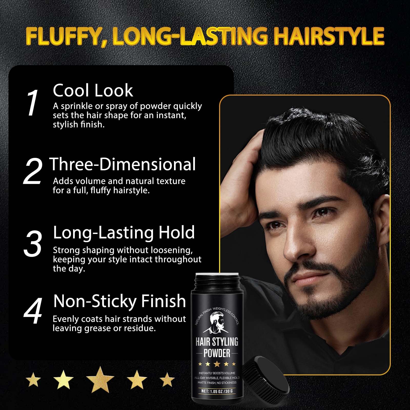USBSREGARDS non-sticky powder keeps hair flexible and clean.