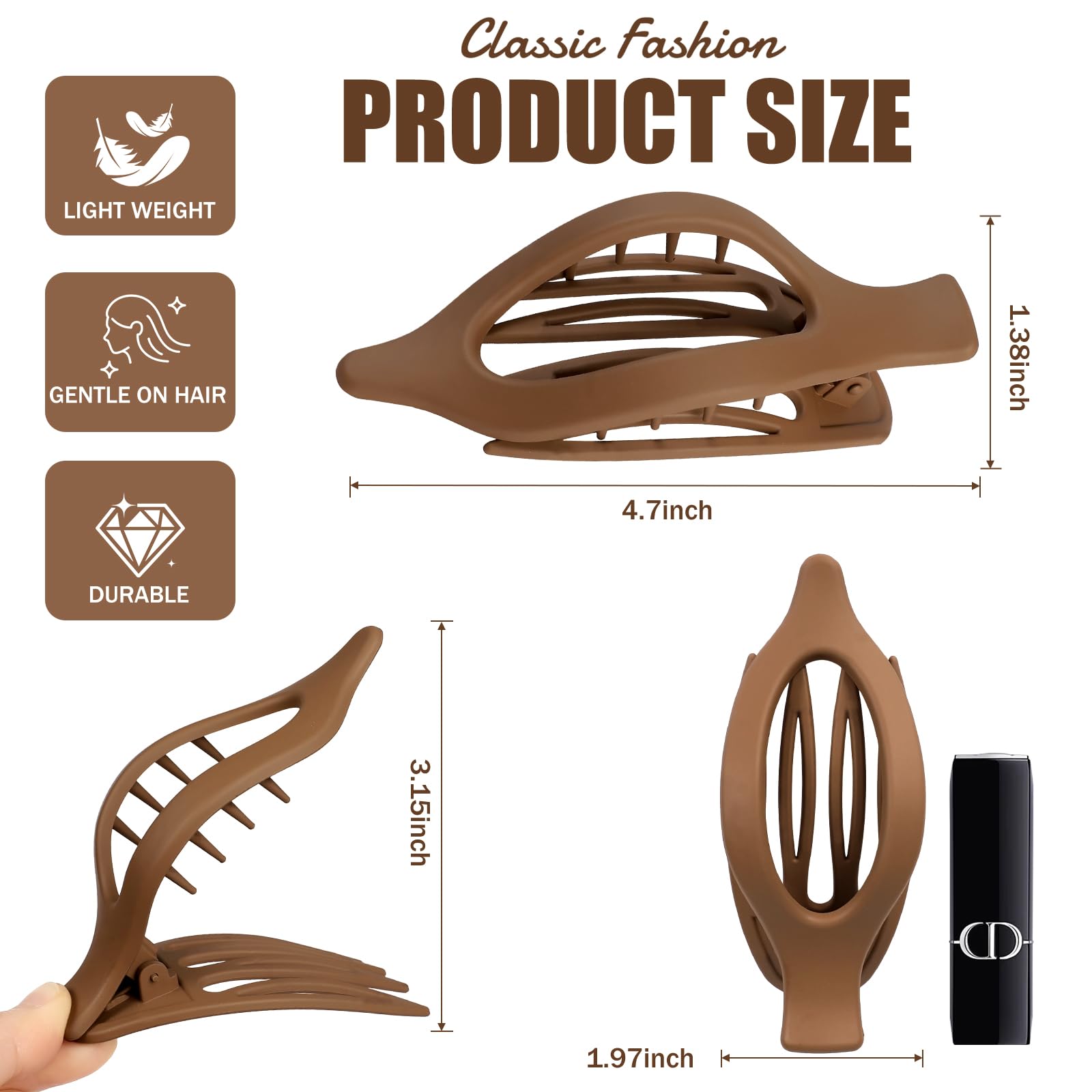 USDNICE flat clip in brown—smooth design reduces hair snag and breakage.