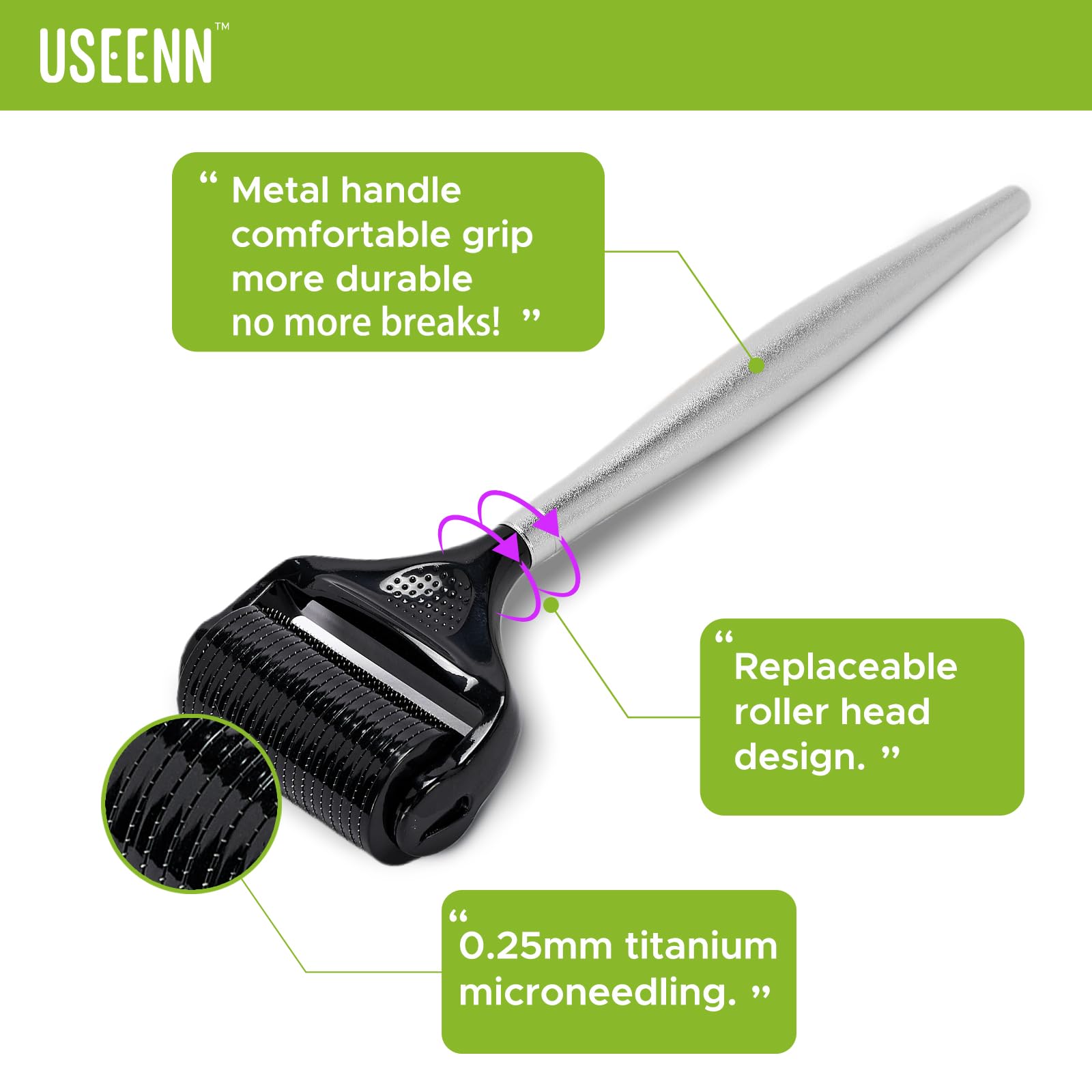USEENN Ultra Wide Titanium Derma Roller for beard targets skin under facial hair with even needle distribution.