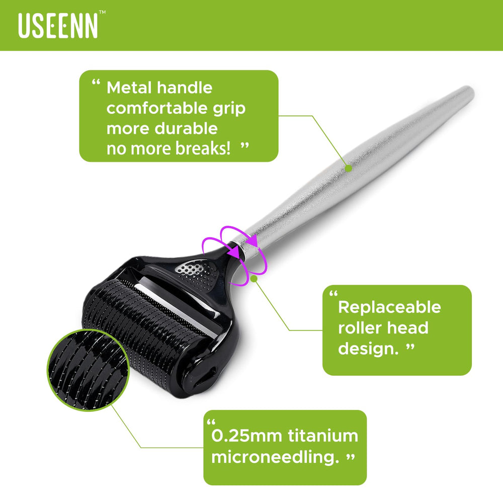 USEENN Ultra Wide Titanium Derma Roller for beard targets skin under facial hair with even needle distribution.
