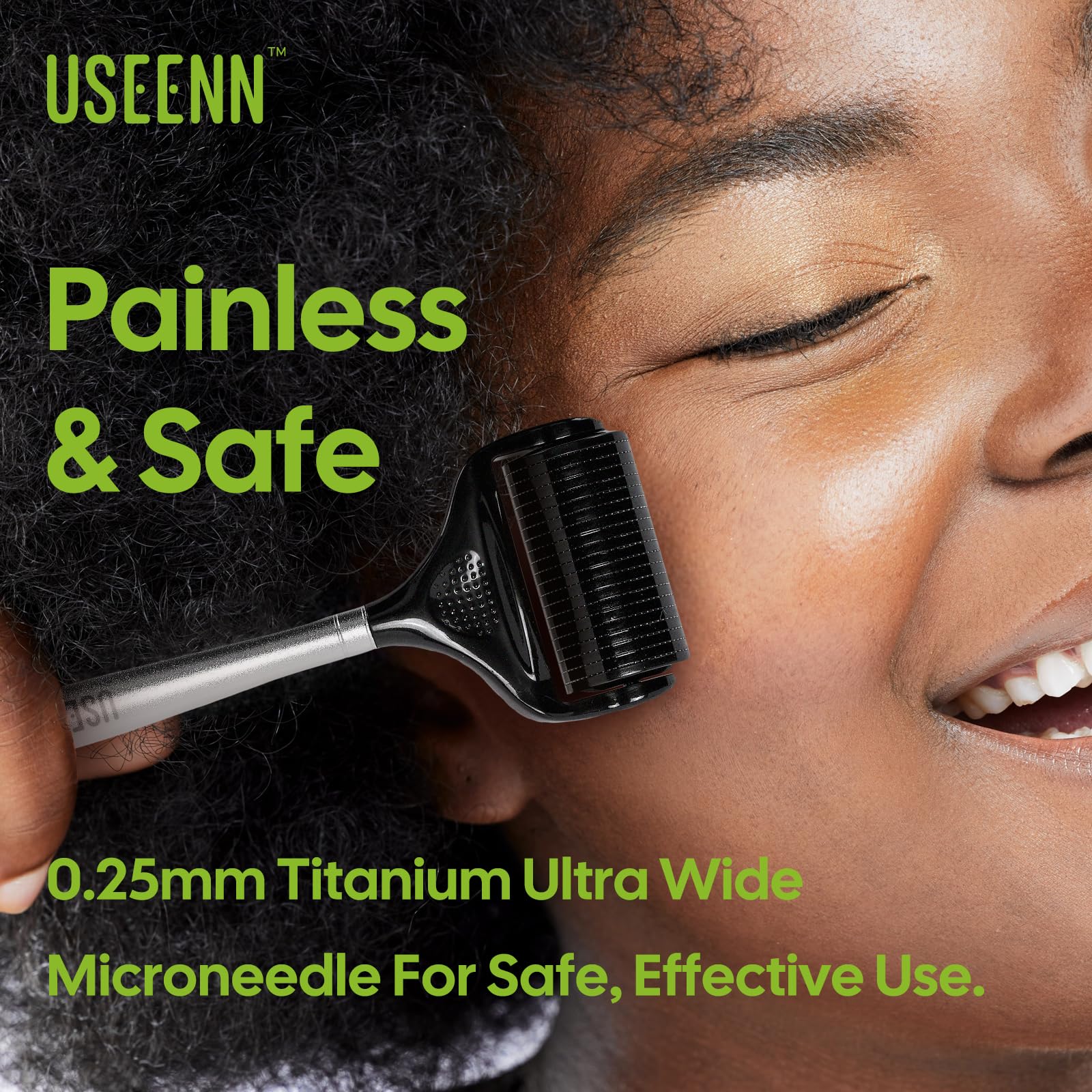 USEENN Ultra Wide Titanium Derma Roller for skin enhances surface contact for improved texture.