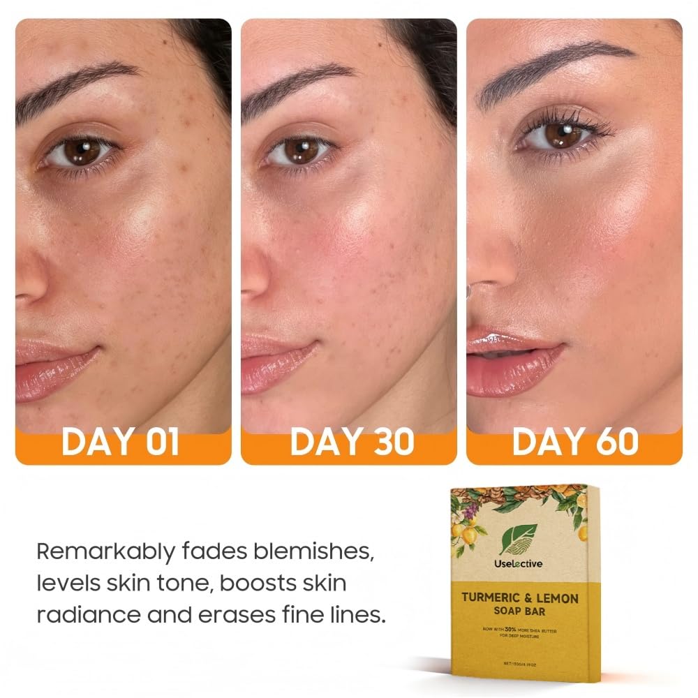 Uselective Lemon Turmeric Glow Soap Bar Kojic Acid focus suggests brightening potential.