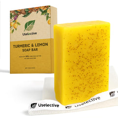 Uselective Lemon Turmeric Glow Soap Bar packaging highlights clean ingredients for radiant skin.