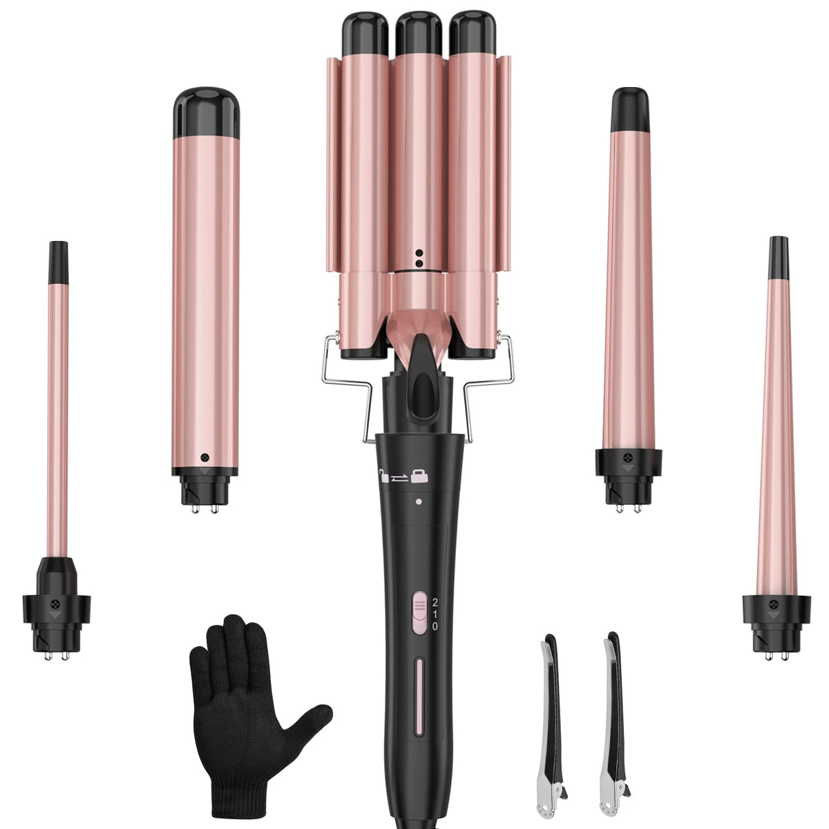 USHOW curling wand set shown with all barrels attached for versatile styling.
