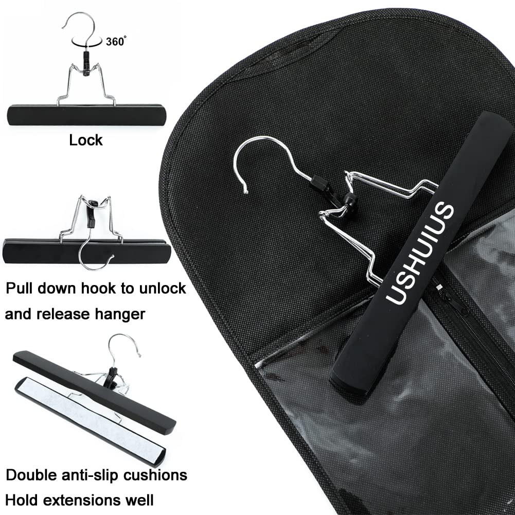 USHUIUS wooden hanger inside bag for secure hair extension handling.