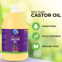 US+ castor oil in amber glass bottle highlighting purity and hexane-free formula