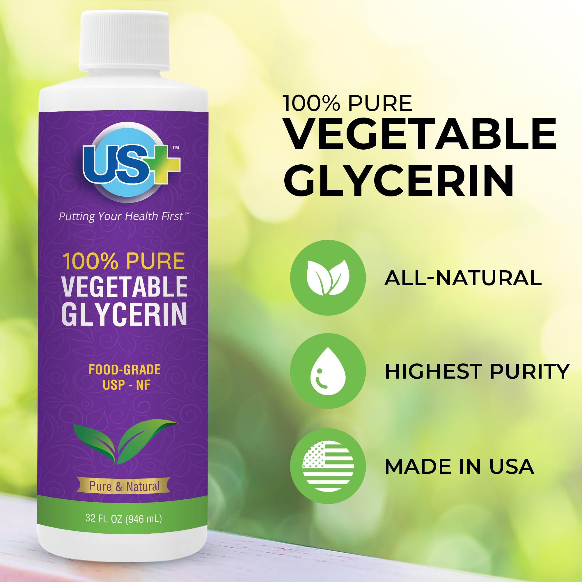 US+ glicerina vegetal USP, etiqueta visible, ideal para cosmética casera.
