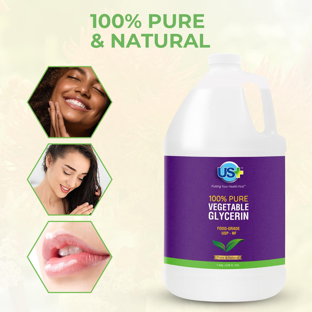 US+ glycerin label and cap emphasize USP-grade quality for safe culinary or skincare uses.