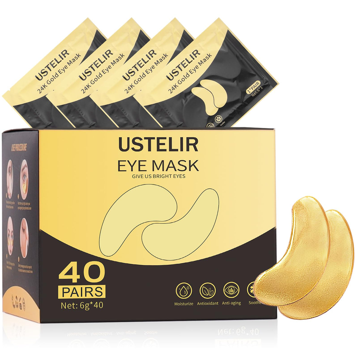 USTELIR parches ojos 24K oro para contorno suave y revitalizante.