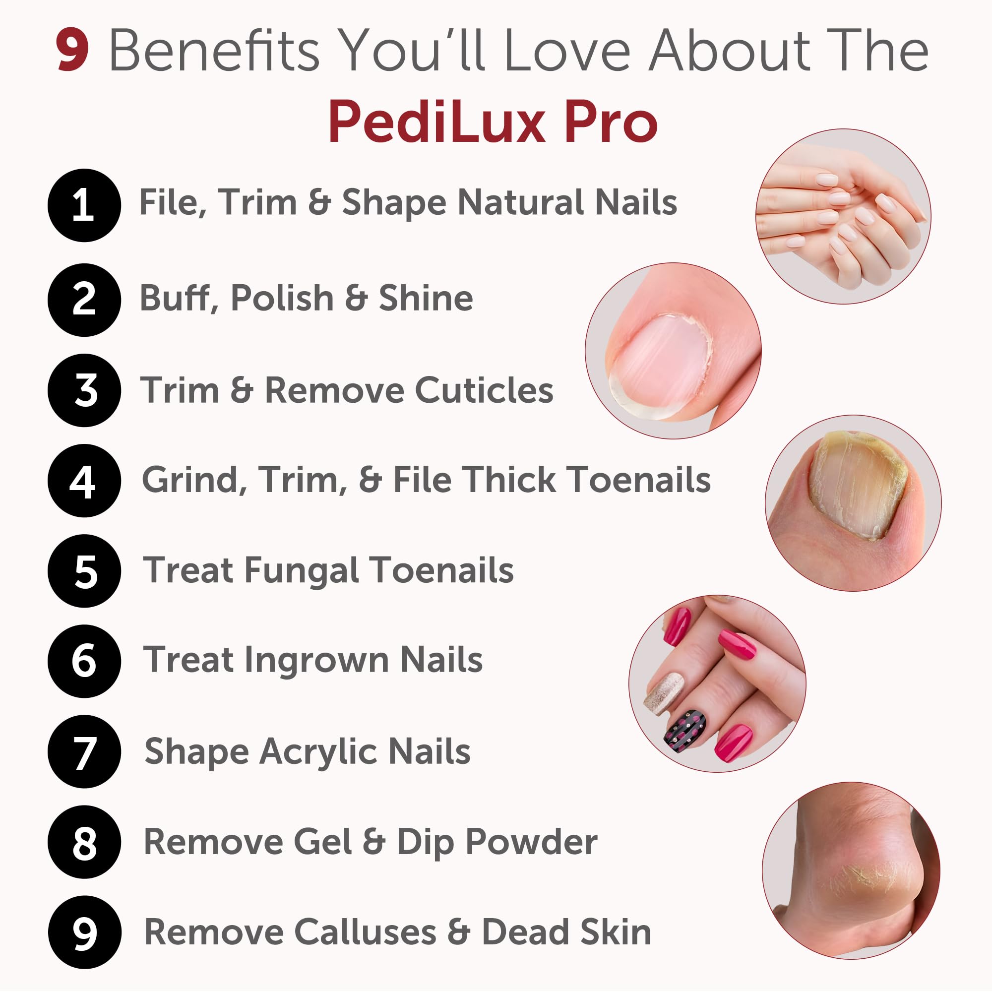 PediLux Pro offers 10 speed settings for versatile nail care tasks.