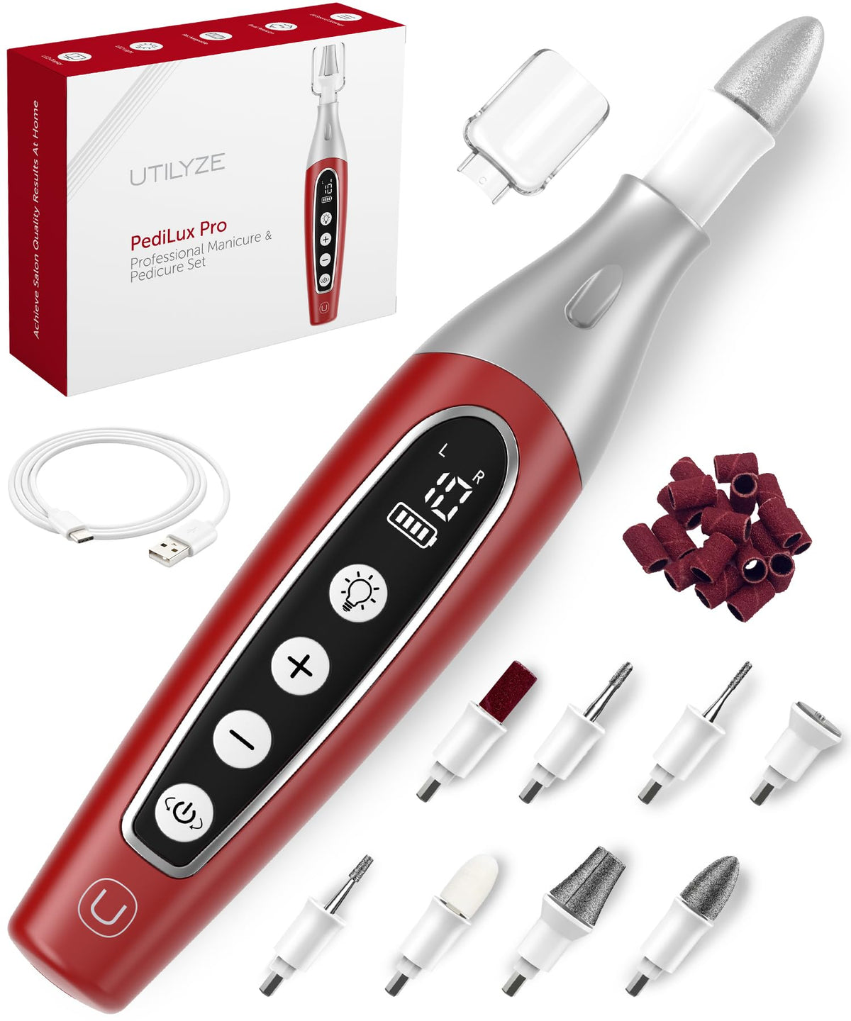 UTILYZE PediLux Pro cordless nail drill with ergonomic grip for precise filing on thick nails.