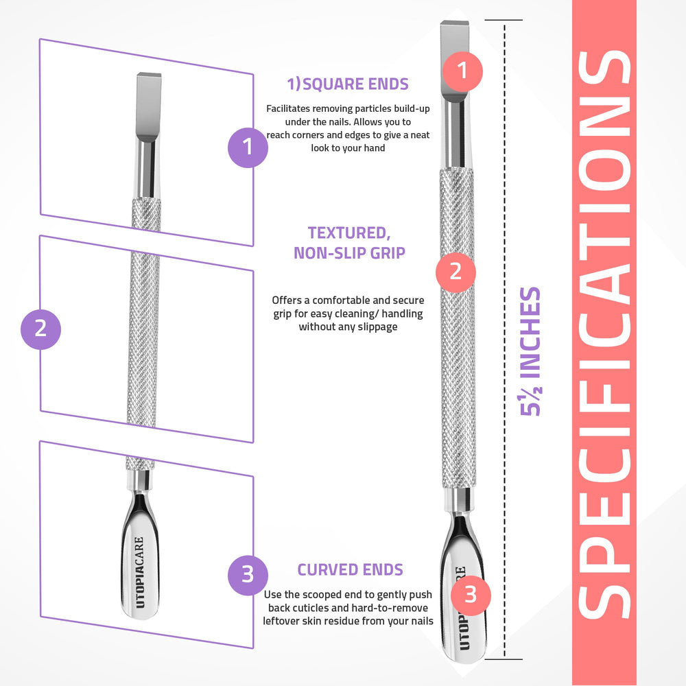 Utopia Care cuticle pusher end close-up showing curved edges for shaping