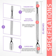 Utopia Care cuticle pusher end close-up showing curved edges for shaping