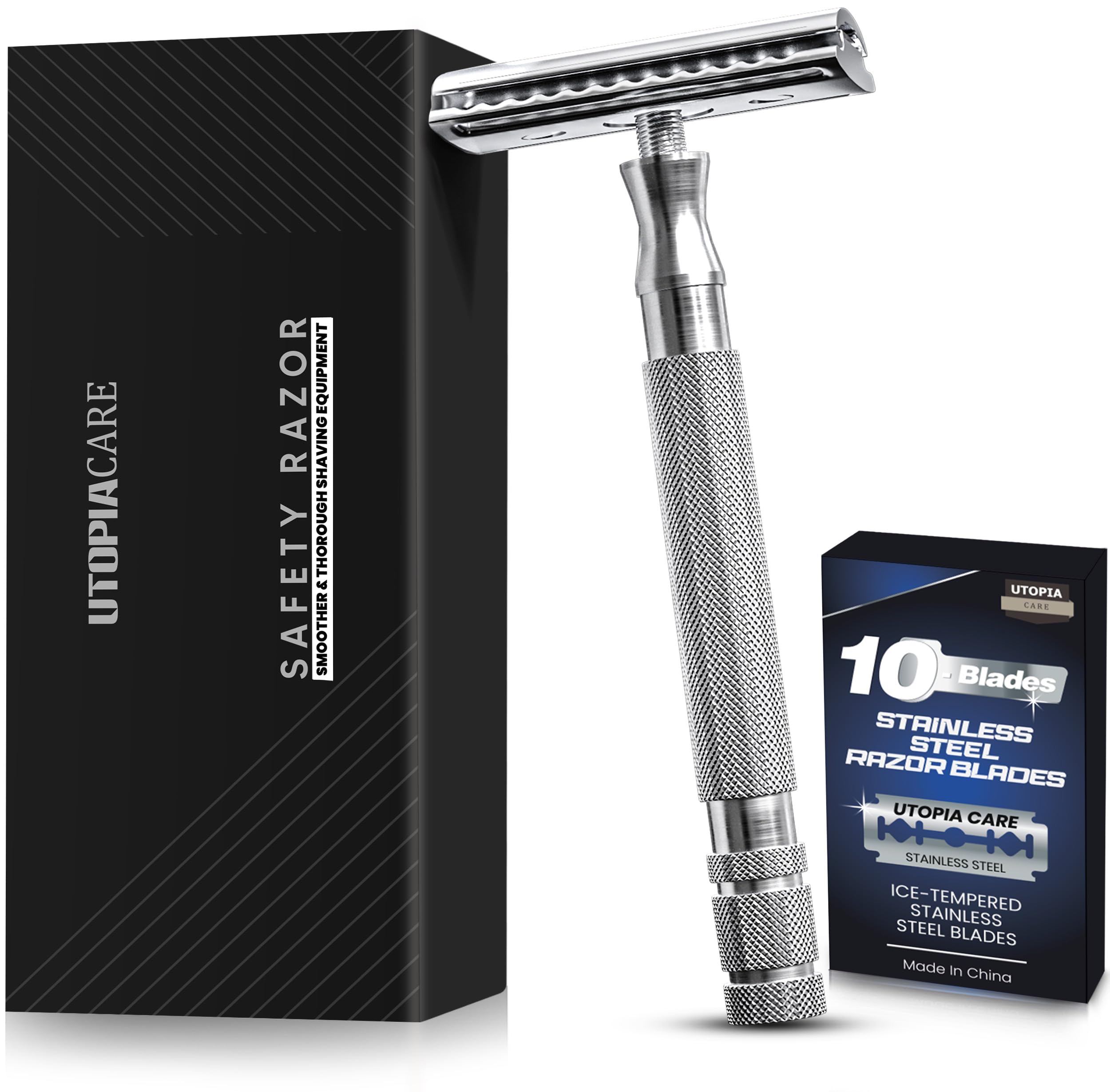Utopia Care double-edge safety razor handle closeup for precise, comfortable shaving.