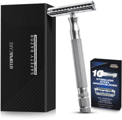 Utopia Care double-edge safety razor handle closeup for precise, comfortable shaving.
