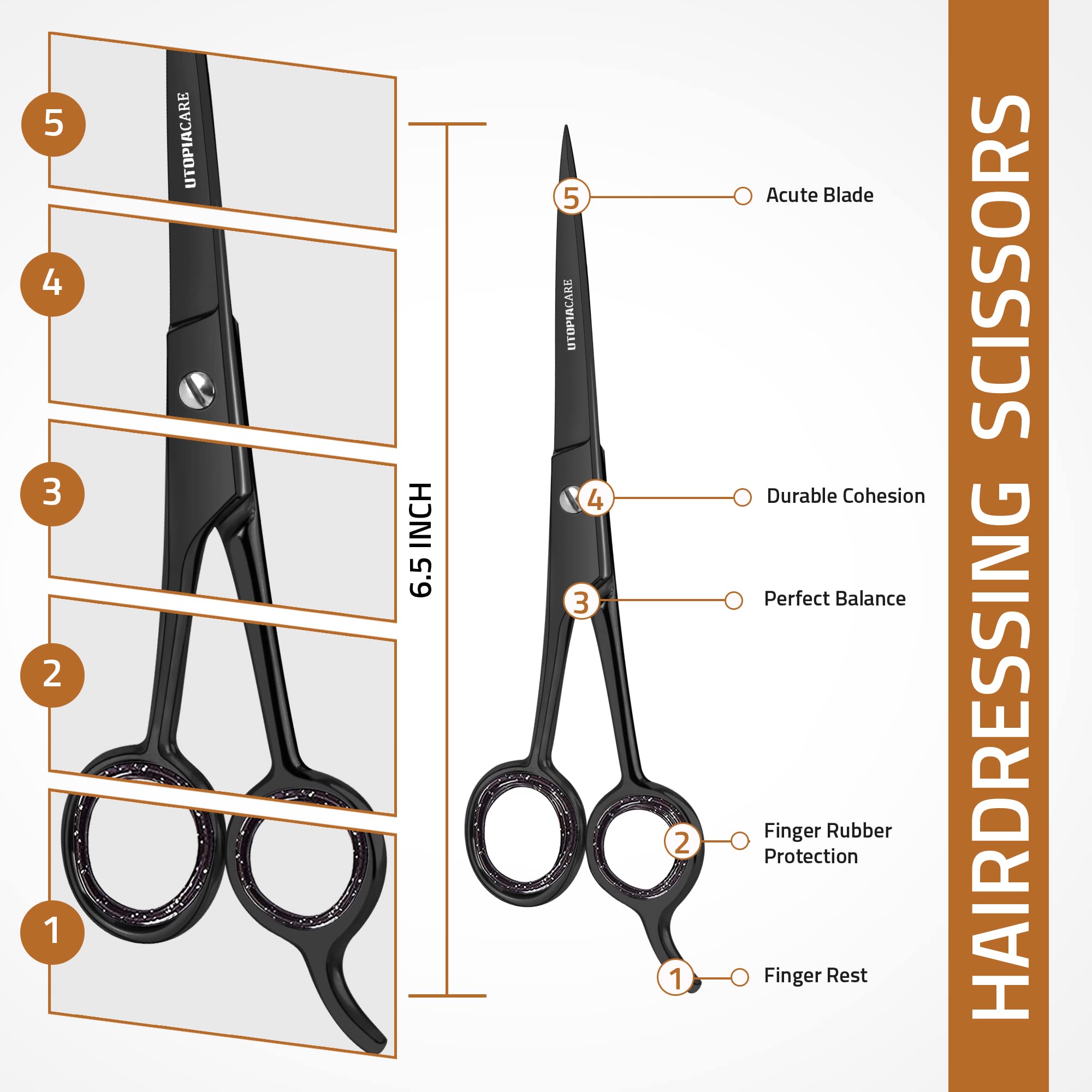 Utopia Care hair cutting scissors ergonomic handle close-up for comfortable grip during long sessions.