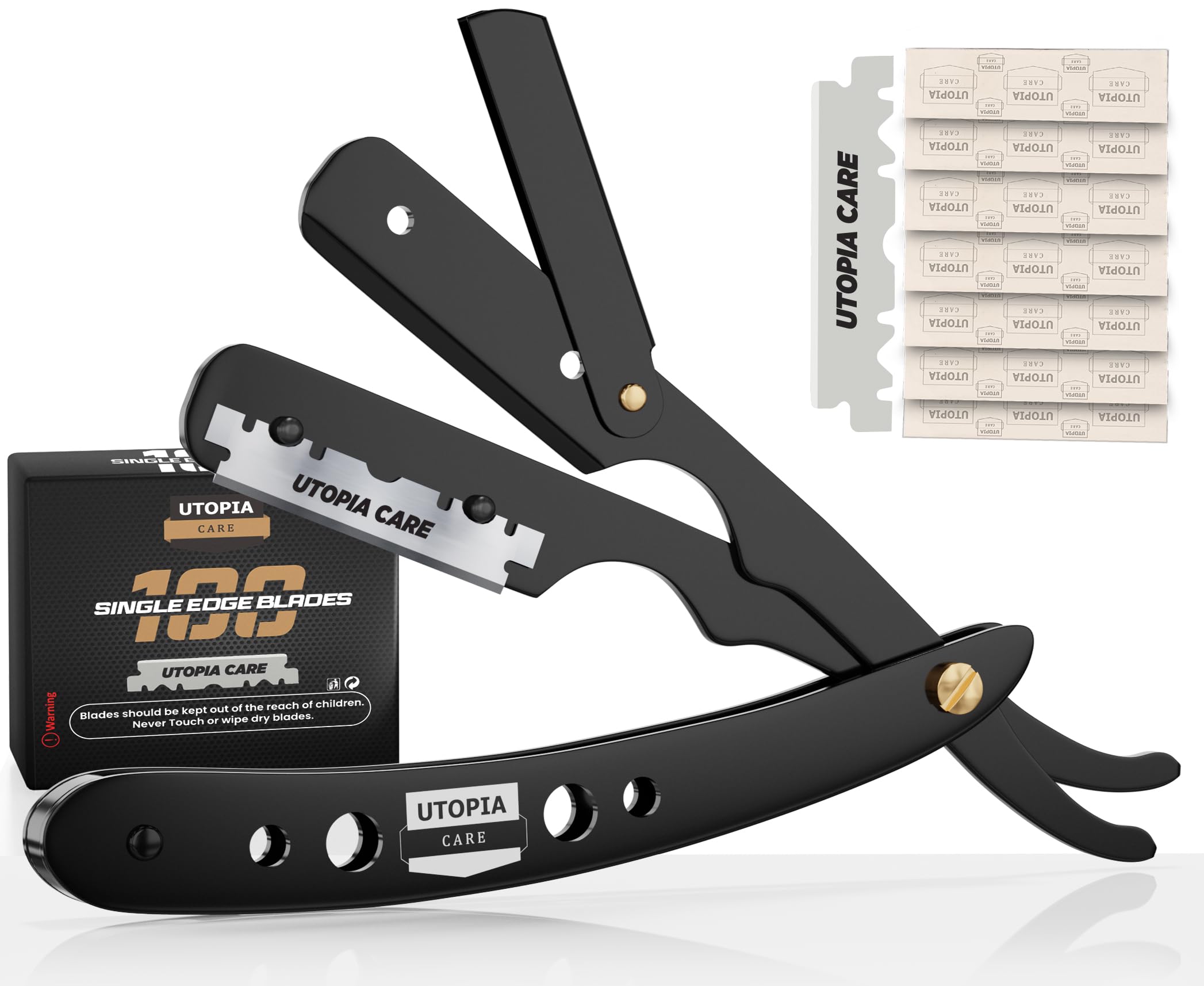 Utopia Care professional straight razor with black handle offers precise grooming for barbers