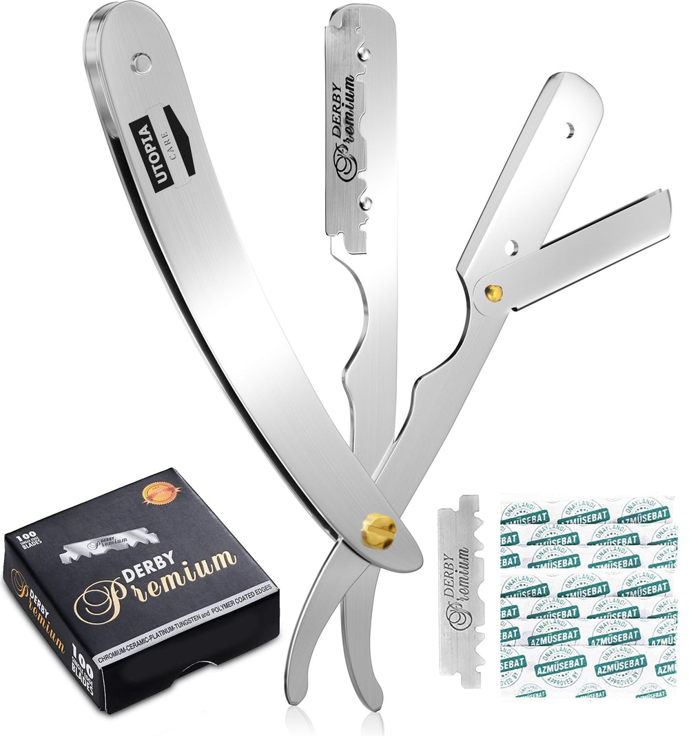 Utopia Care professional straight razor with silver body for precise grooming.