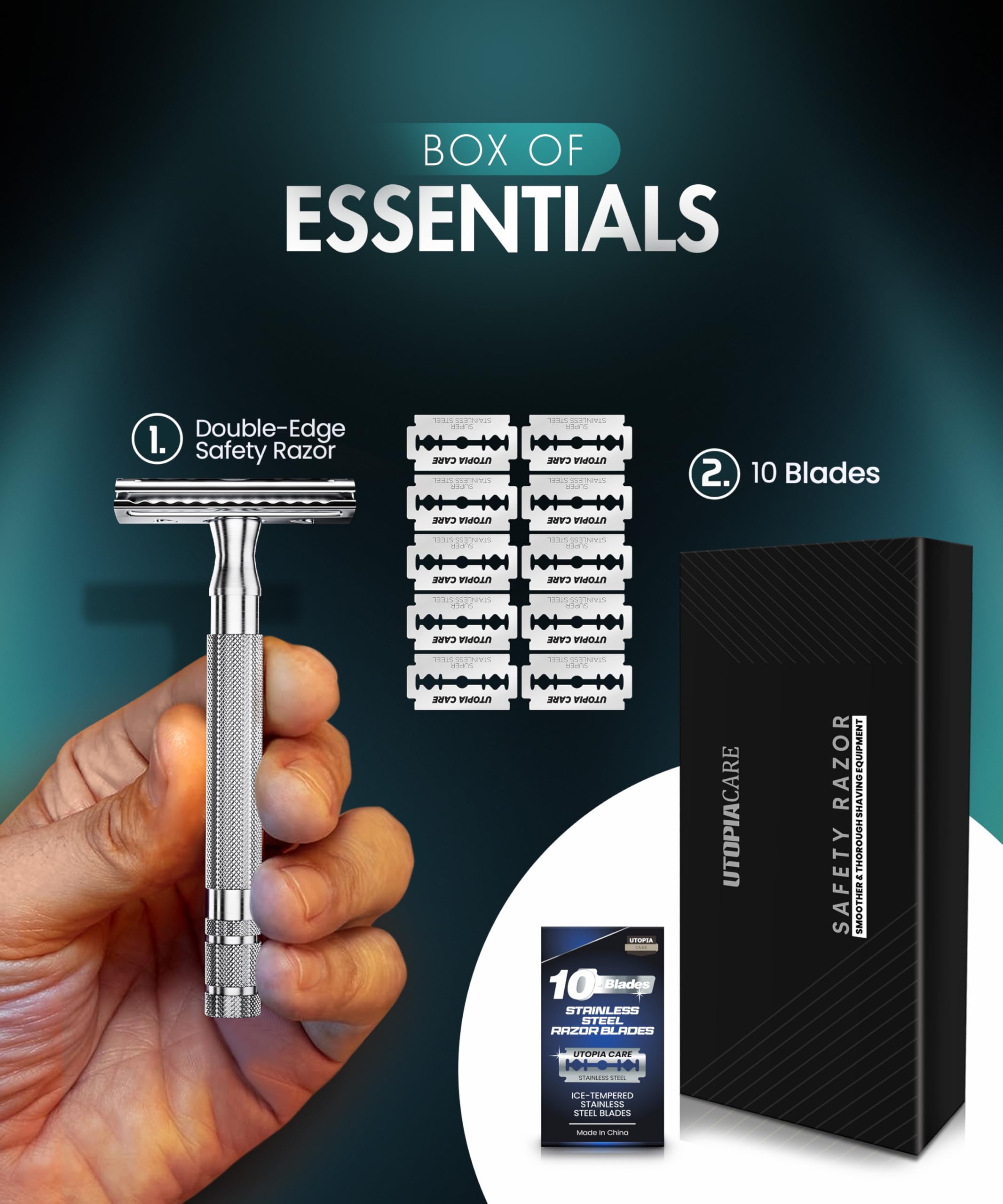 Utopia Care sleek silver razor design for modern, stylish grooming.
