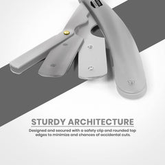 Safe blade locking feature with protective cap for secure storage.