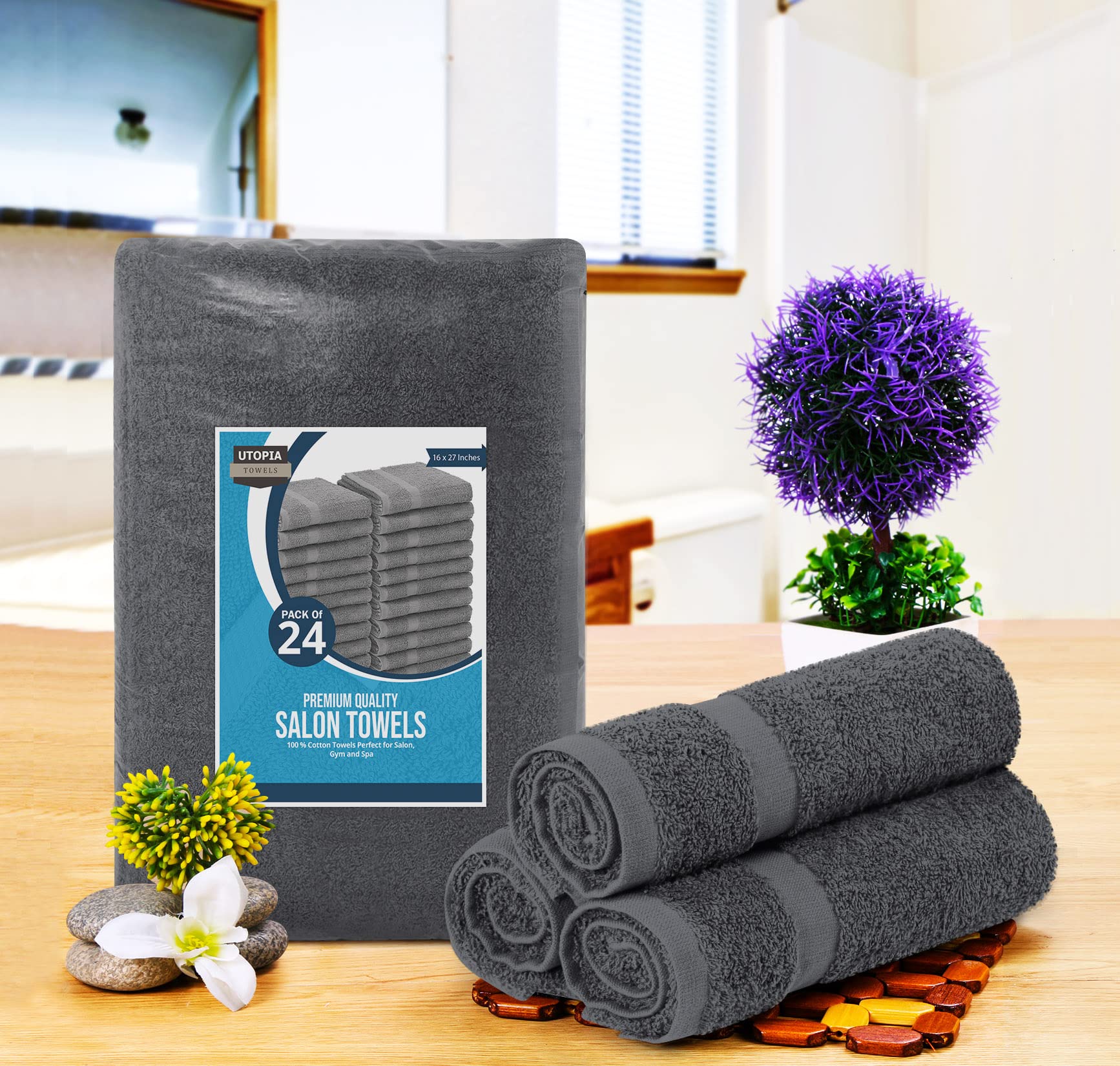 Utopia Towels onehundred-percent cotton ring-spun fabric enhances softness and absorbency