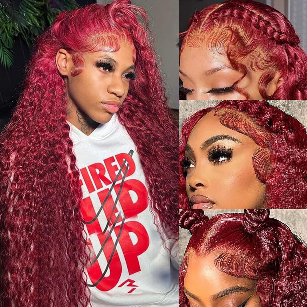 UTracycoy 99J Burgundy deep wave lace-front wig, 30-inch length for voluminous looks.