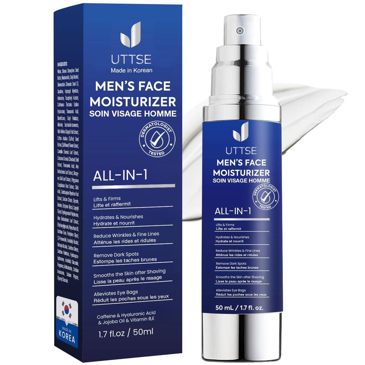 Uttse 6-in-1 face cream bottle showing daily moisturization and protection