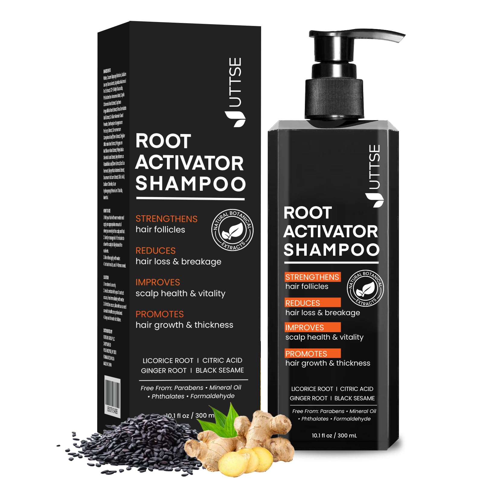 Uttse Root Activator Shampoo for Men bottle front signals daily scalp care and growth support.