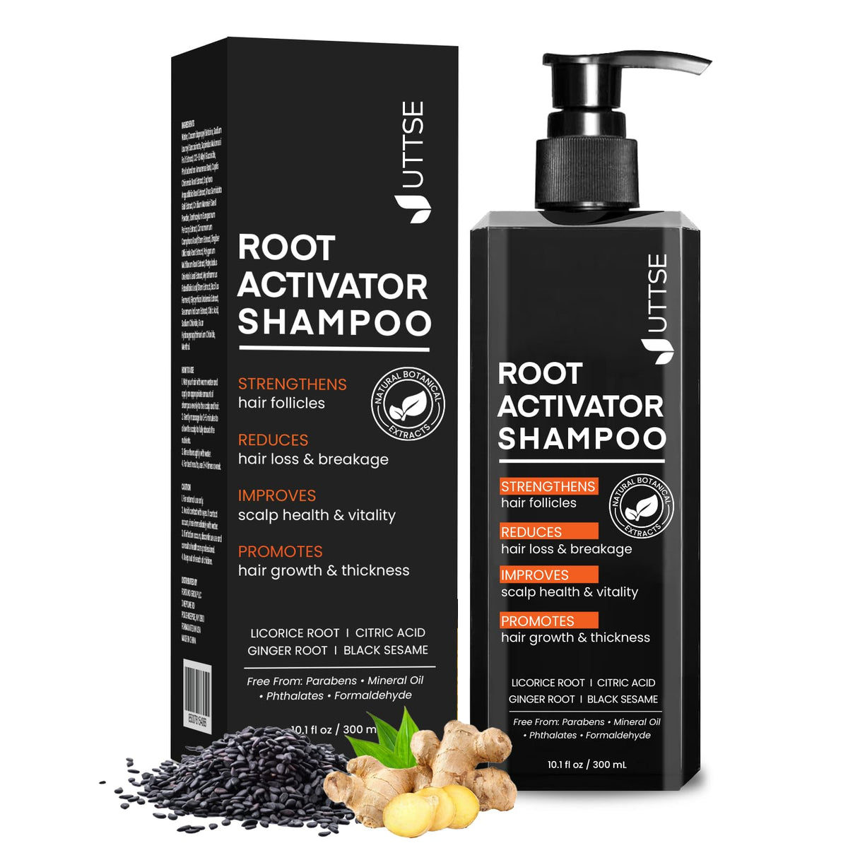 Uttse Root Activator Shampoo for Men bottle front signals daily scalp care and growth support.