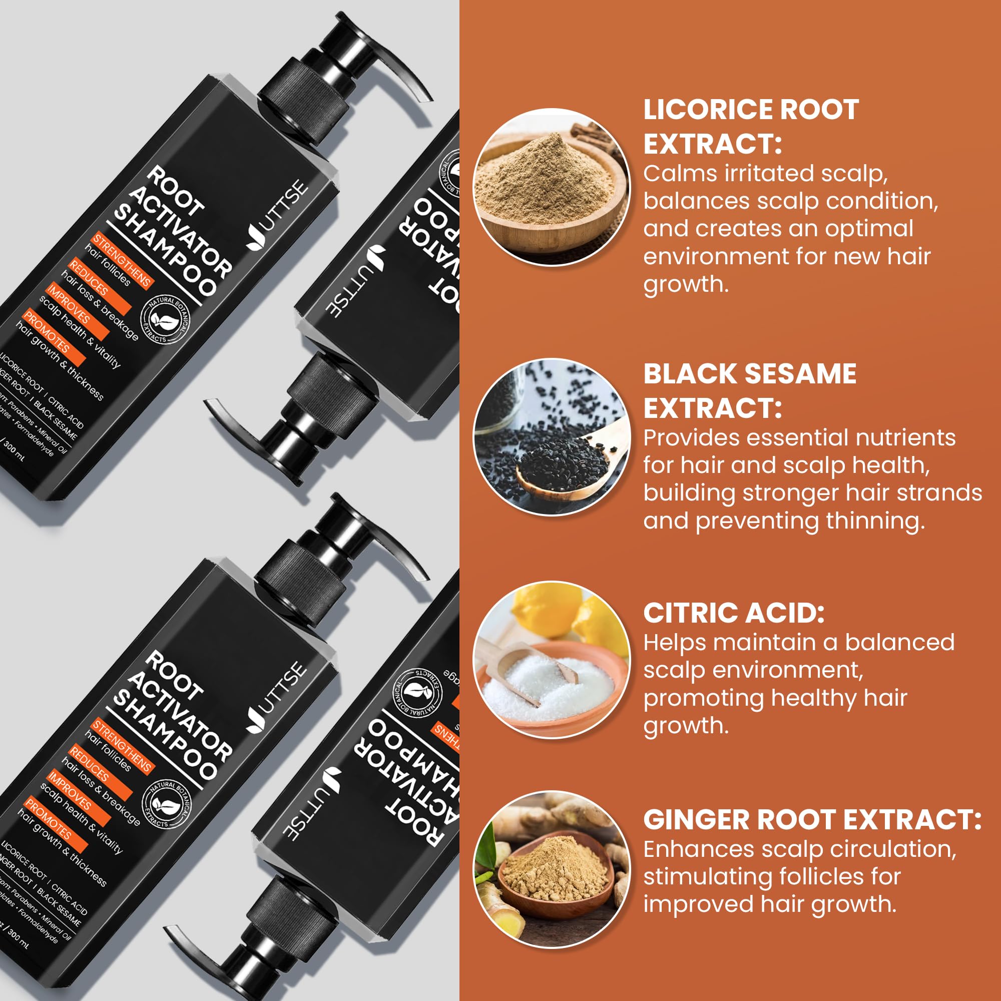 Uttse Root Activator Shampoo for Men label close up highlights natural ingredients for soothing scalp.