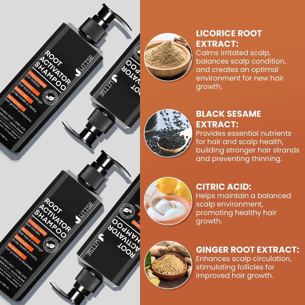 Uttse Root Activator Shampoo for Men label close up highlights natural ingredients for soothing scalp.