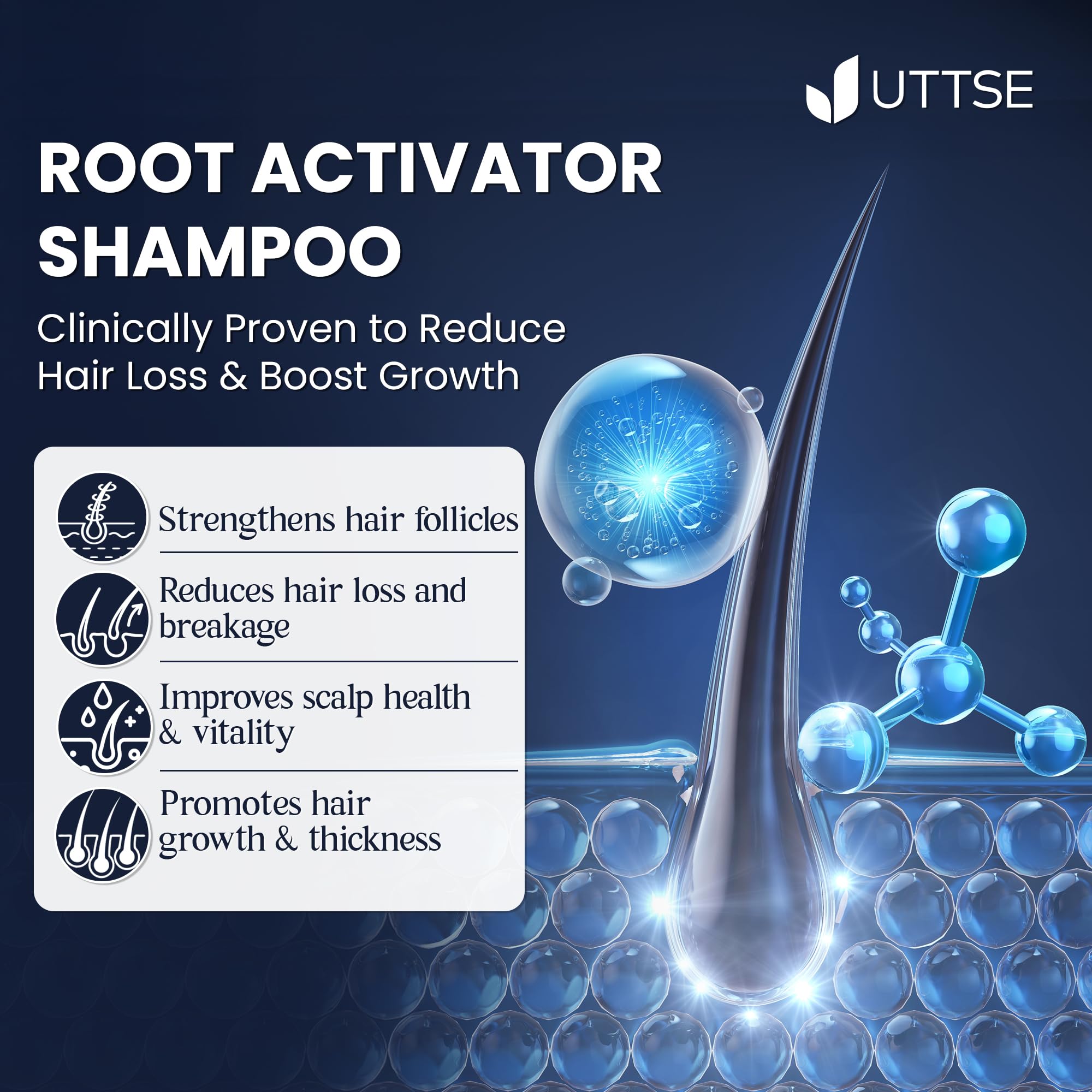 Uttse Root Activator Shampoo for Men on shower shelf supports a consistent daily routine.