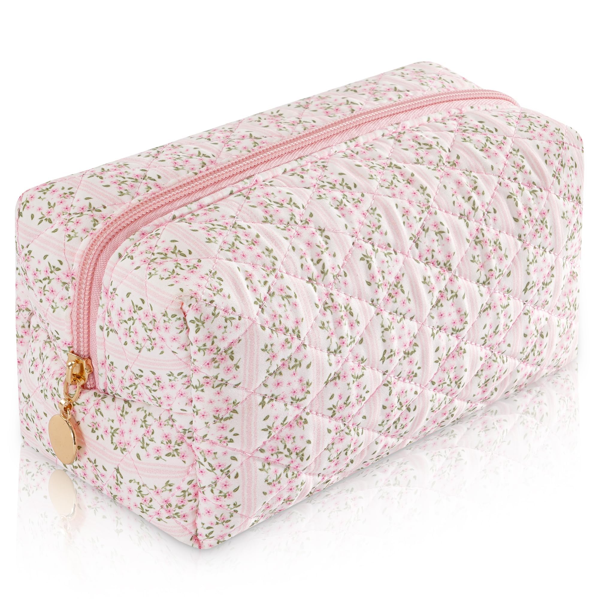 UUYUUY makeup bag with floral quilting in pastel pink, ideal for travel.