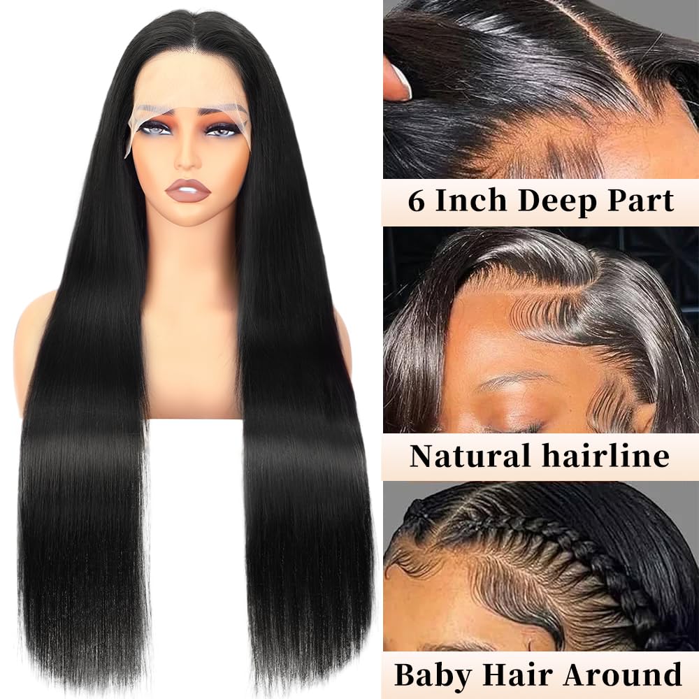 UYGLJK 32-inch straight wig side part showing versatility for a middle or side part.