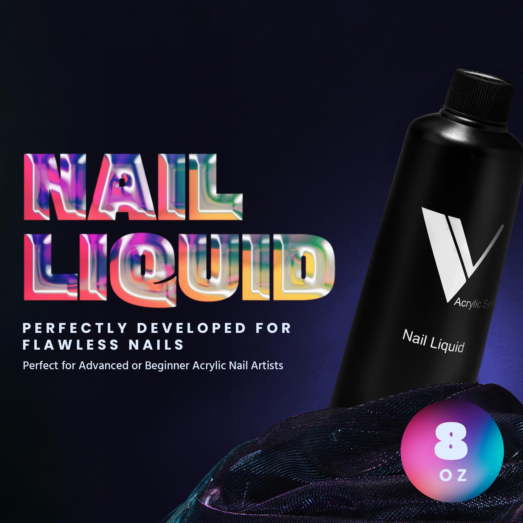 V Beauty Pure monomer liquid bottle sideview highlighting easy handling.