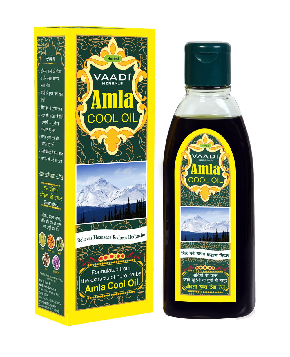Vaadi Herbals Amla-Brahmi Hair Oil bottle illustrating nourishing formula for stronger hair.