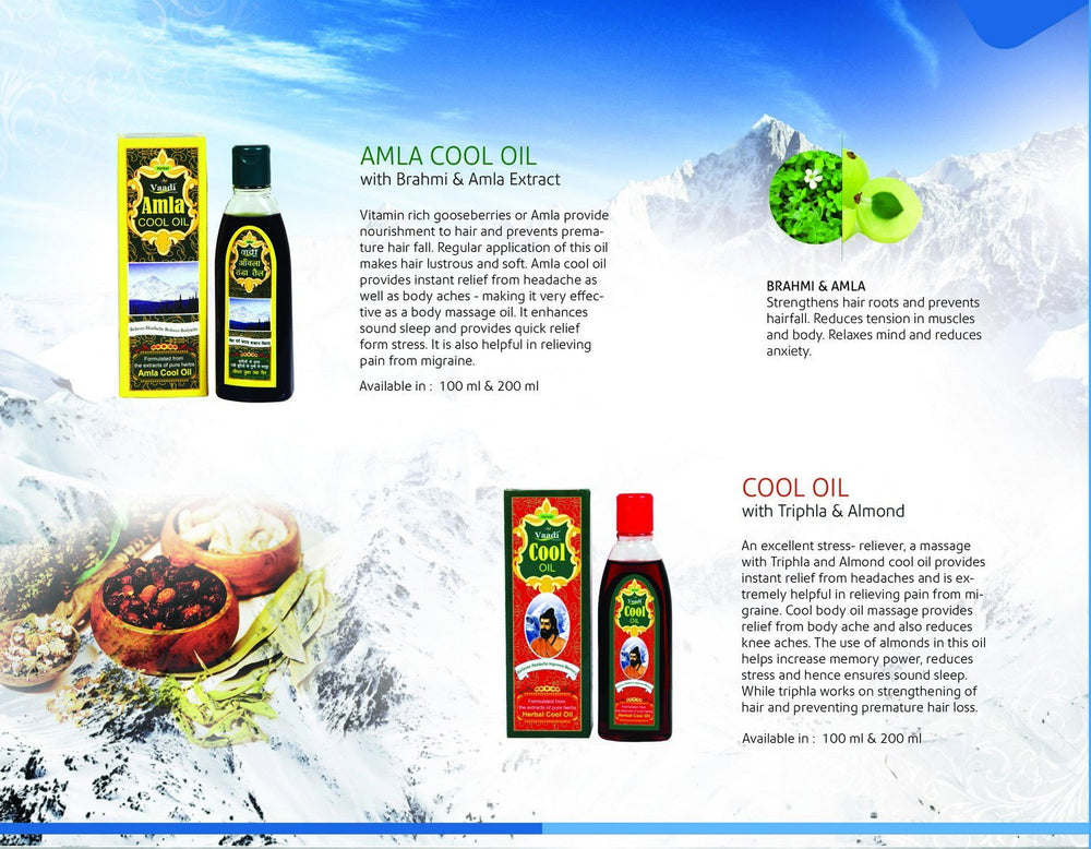 Vaadi Herbals Amla-Brahmi Hair Oil packaging evokes relaxing aroma for scalp care.