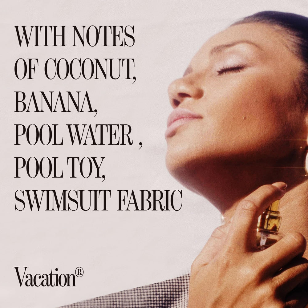  VACATION bottle on shelf emphasizes unisex, travel-ready fragrance for daily use.