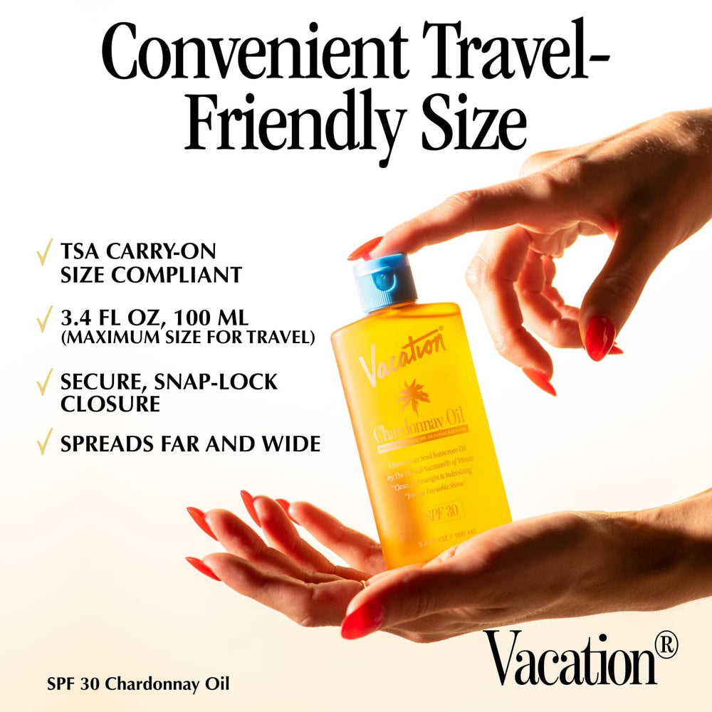 Applying Vacation Chardonnay Oil SPF 30 for a hydrated, non-greasy finish on skin.