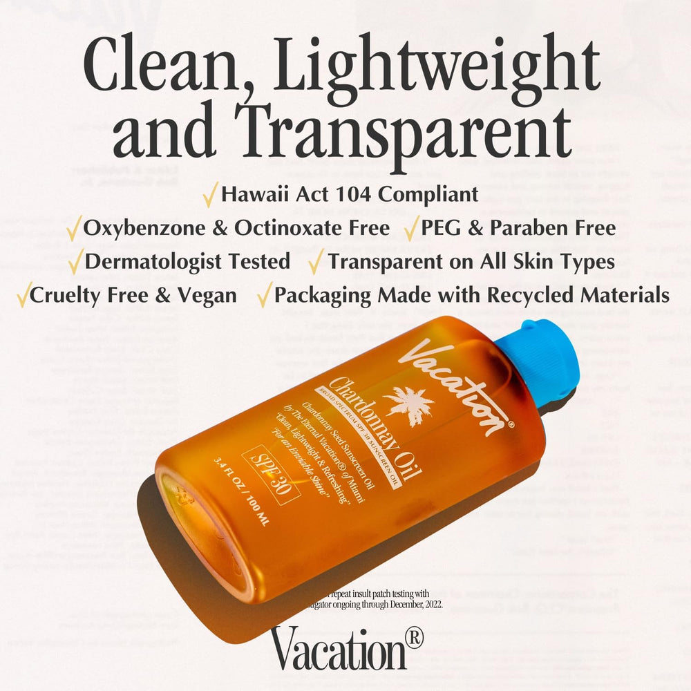 Grand Cuvée-inspired scent enhances the Vacation Chardonnay Oil SPF 30 sun care ritual.