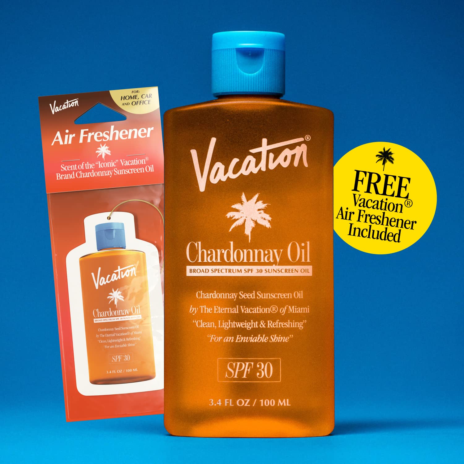 Vacation Chardonnay Oil SPF 30 travel-size 3.4 oz bottle in hand.