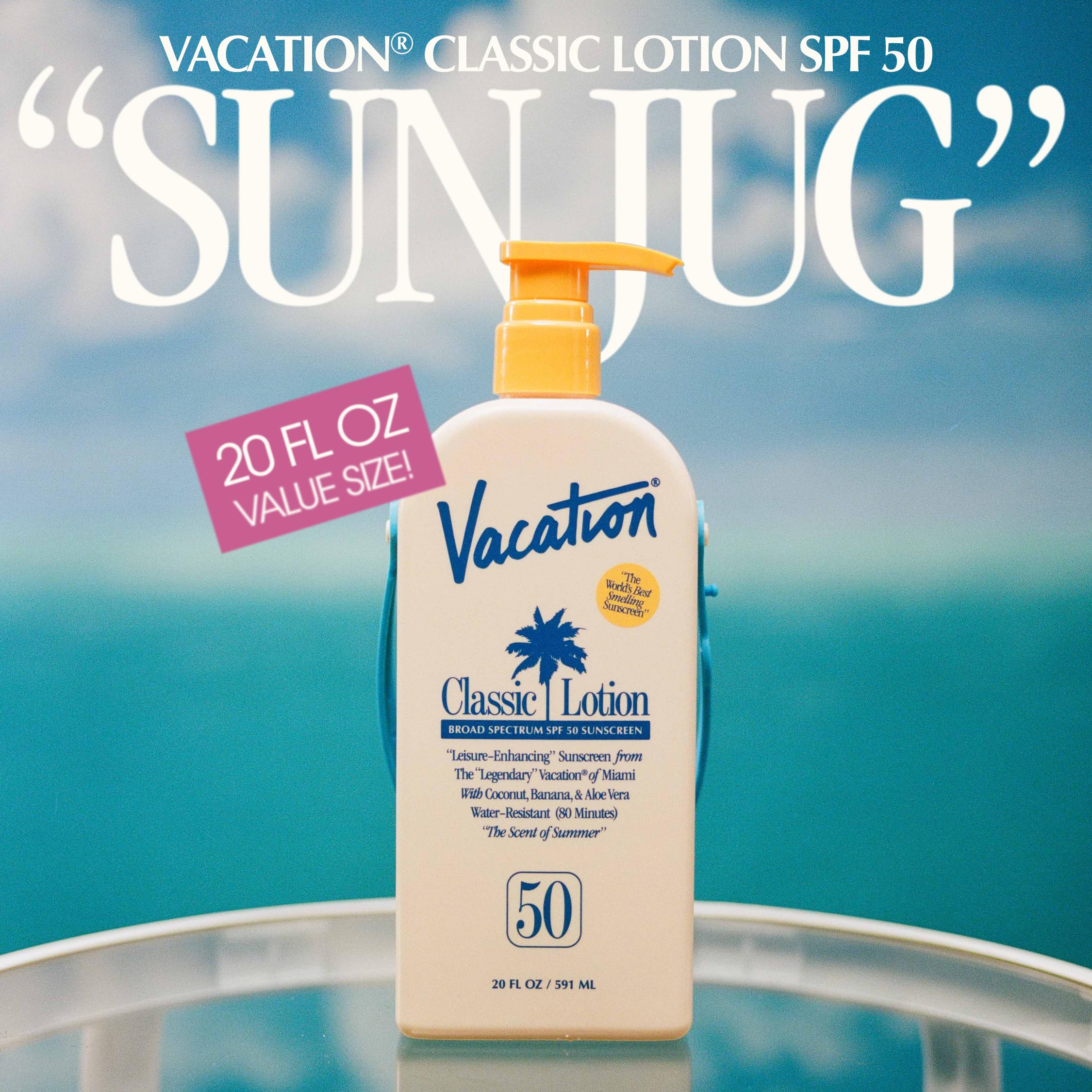 Vacation SPF 50 pump dispenser enabling fast, even application across skin