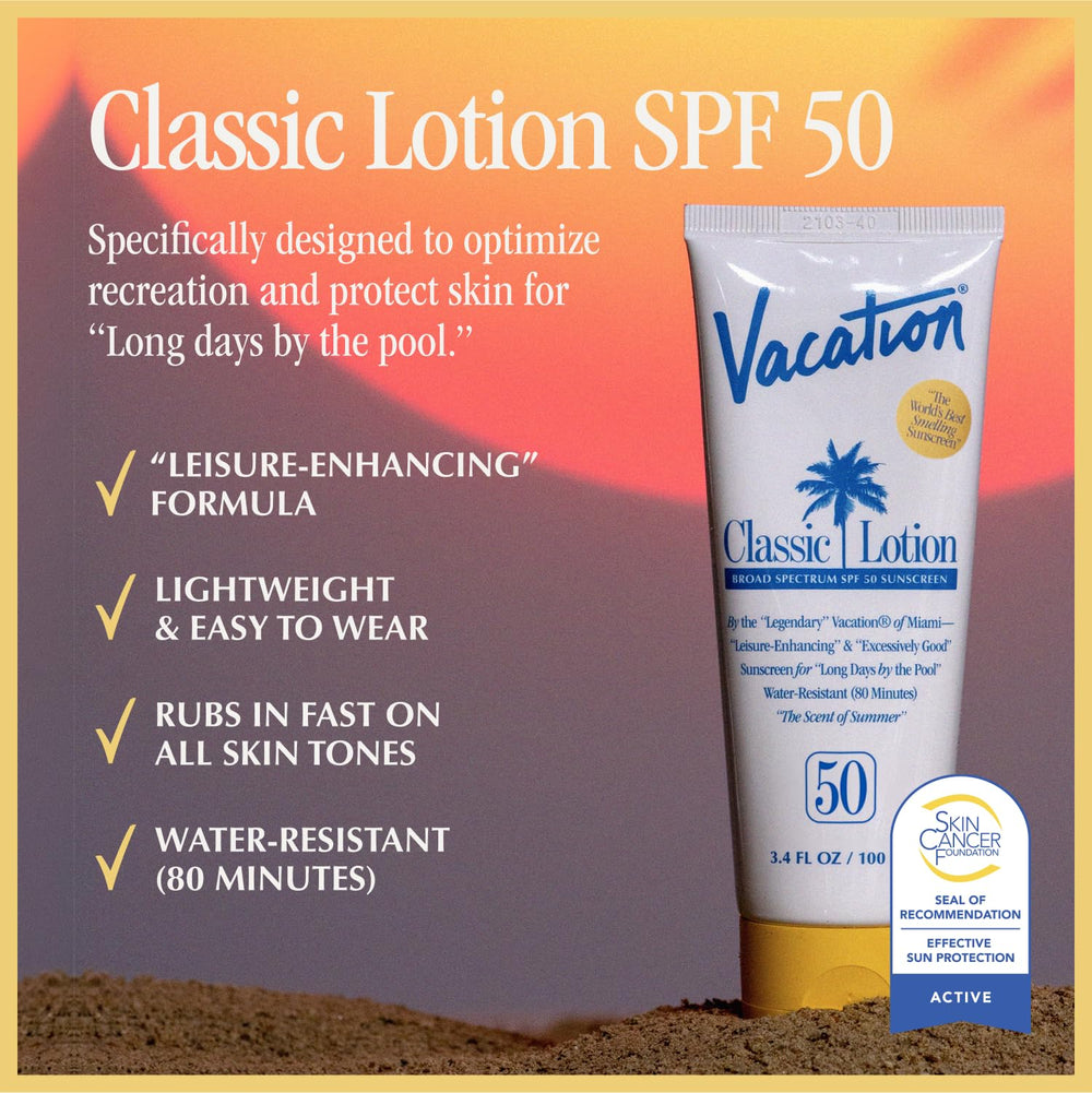 Three-pack Vacation sunscreen lotion packaged for travel convenience.